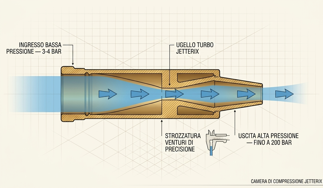 Schema della camera di compressione Jetterix — sezione con ingresso a bassa pressione, strozzatura Venturi e uscita ad alta pressione