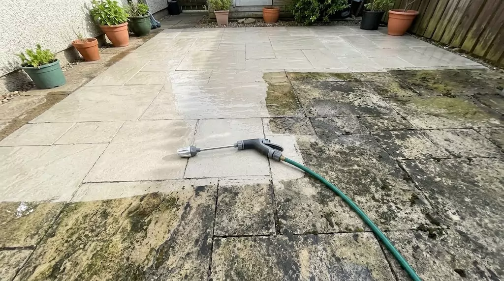 Test Jetterix su una terrazza in pietra di 32 m² — linea netta tra zona pulita e zona sporca